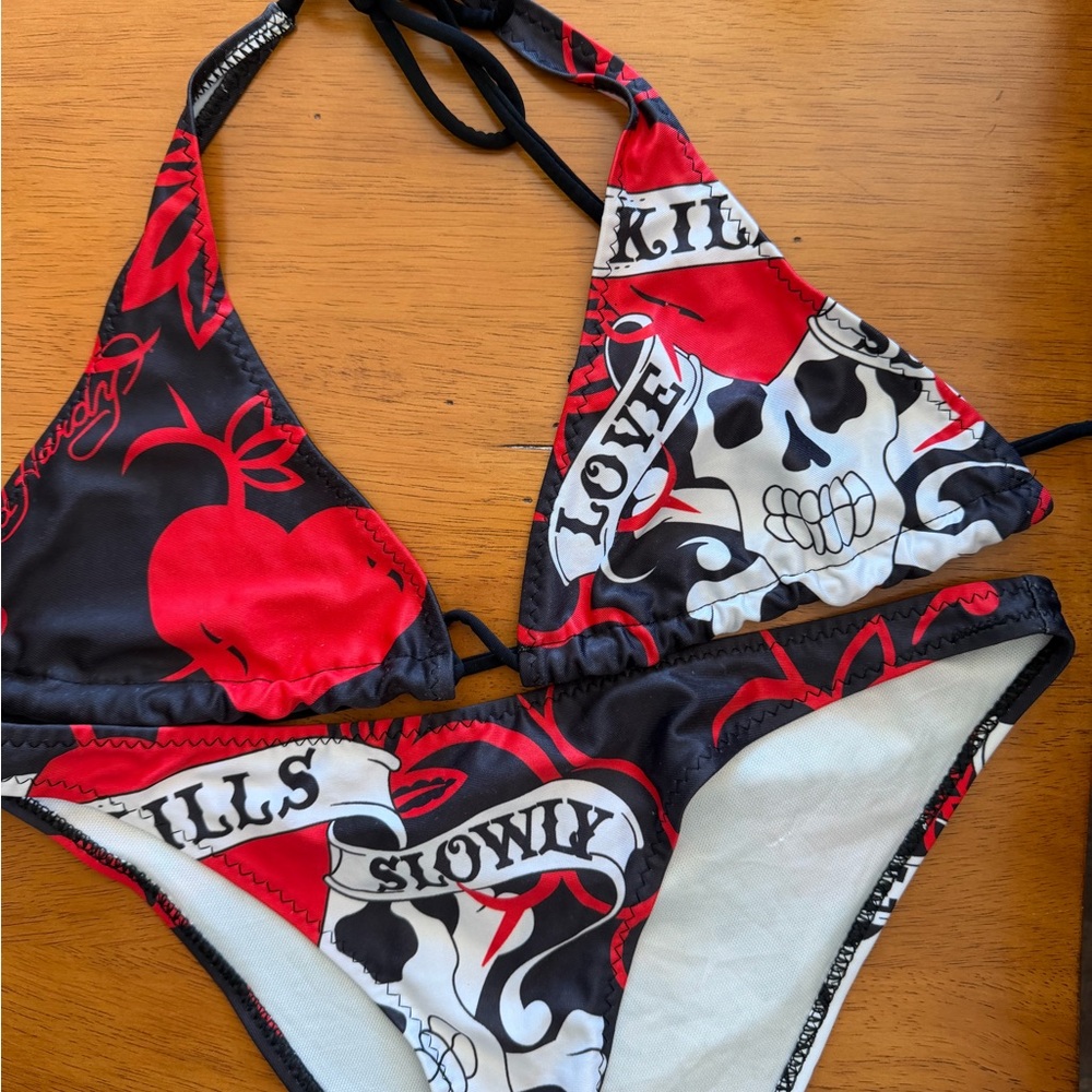 Ed Hardy Red and Black Bikini with Skull Design